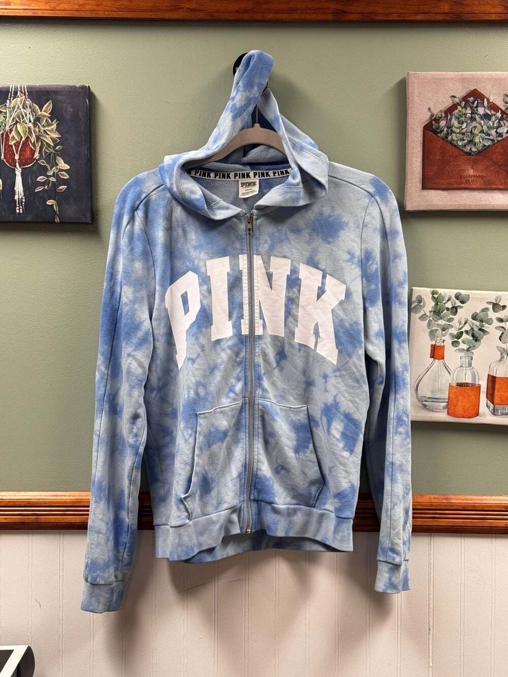 PINK Victoria's Secret Blue Tie Dye Full Zip Hoodie Sweatshirt Medium